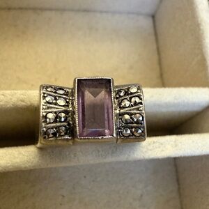VTG Solid Sterling Silver 925 Amethyst Marcasite Bezel Set Art Deco Ring Size 8